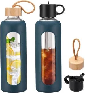 24oz Glass Water Bottle With 2 Lids, Glass Tumbler With Silicone Sleeve, Drinking Bottles With Motivational Time Marker, 1 Pack-Navy Blue