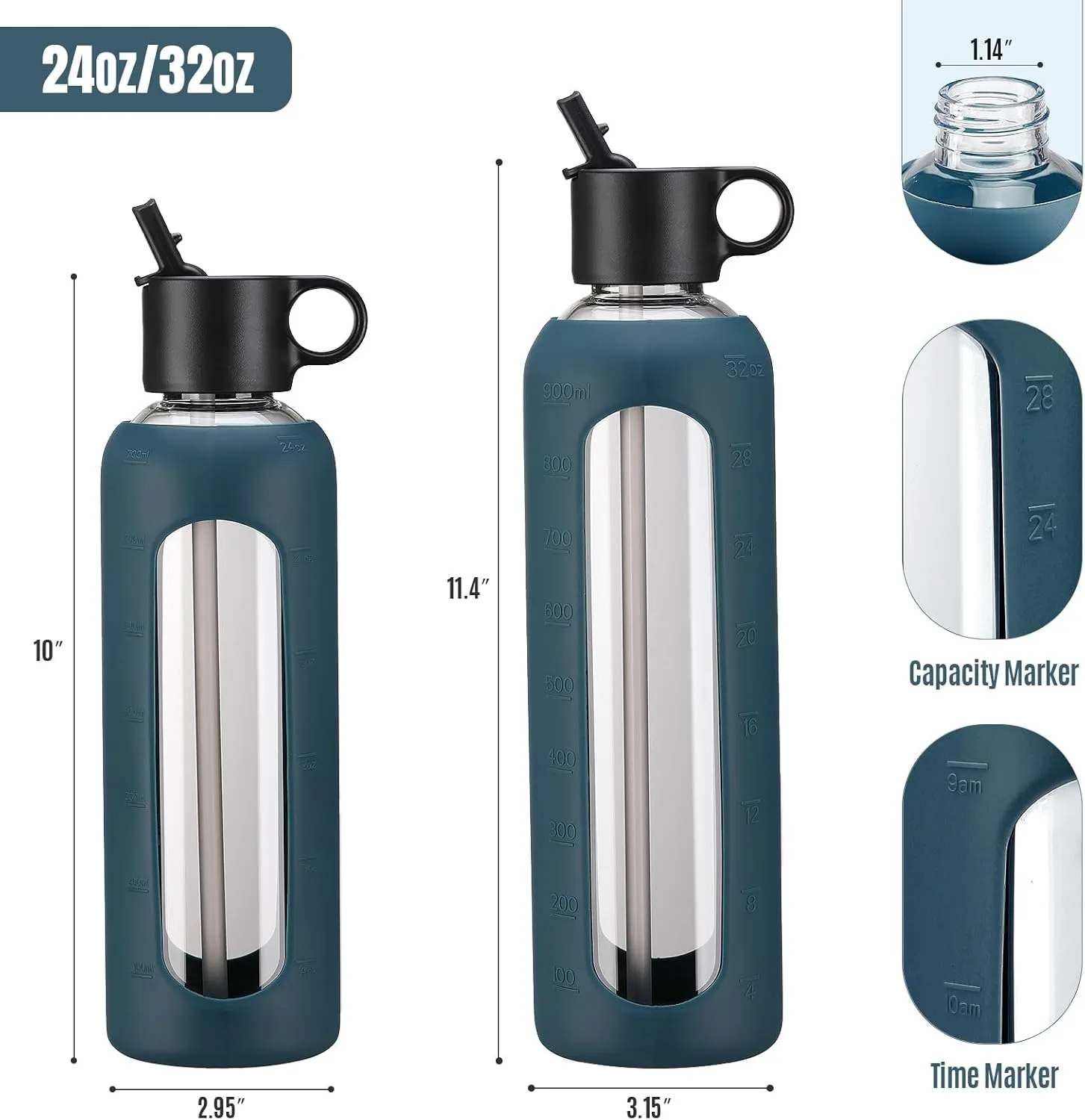 24oz Glass Water Bottle With 2 Lids, Glass Tumbler With Silicone Sleeve, Drinking Bottles With Motivational Time Marker, 1 Pack-Navy Blue