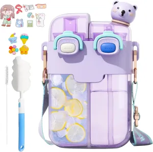 26oz Kawaii Water Bottle With Strap, Split Cups For Drinks Dual Compartment, Double-Sided Leakproof Design, Fountain Straw & Portable For Travel Sports (Purple)