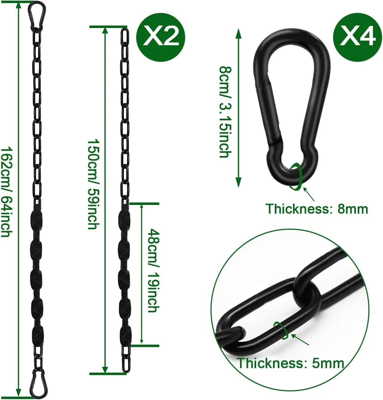 2Pcs 64" Hanging Swing Chain with PE Sleeve’s Cover, Stainless Steel Chains with 4 Carabiners, Heavy Duty Hang Hardware Kit for Hammock Chairs, Punching Bags, 660lb Capacity
