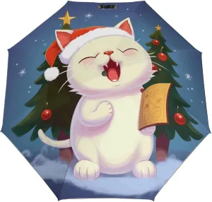 3 Fold Auto Umbrella, Cute Cat Sing Christmas Carols Portable Travel Umbrella,Reverse Folding Umbrella,Windproof Travel Umbrella with Cover Bag, style