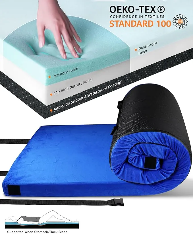 3 INCH Thick Memory Foam Camping Pad Futon Mattress Full, Portable Floor Sleeping Mat Sleepover Guest Bed Roll Up Mattress for Indoor Outdoor Travel