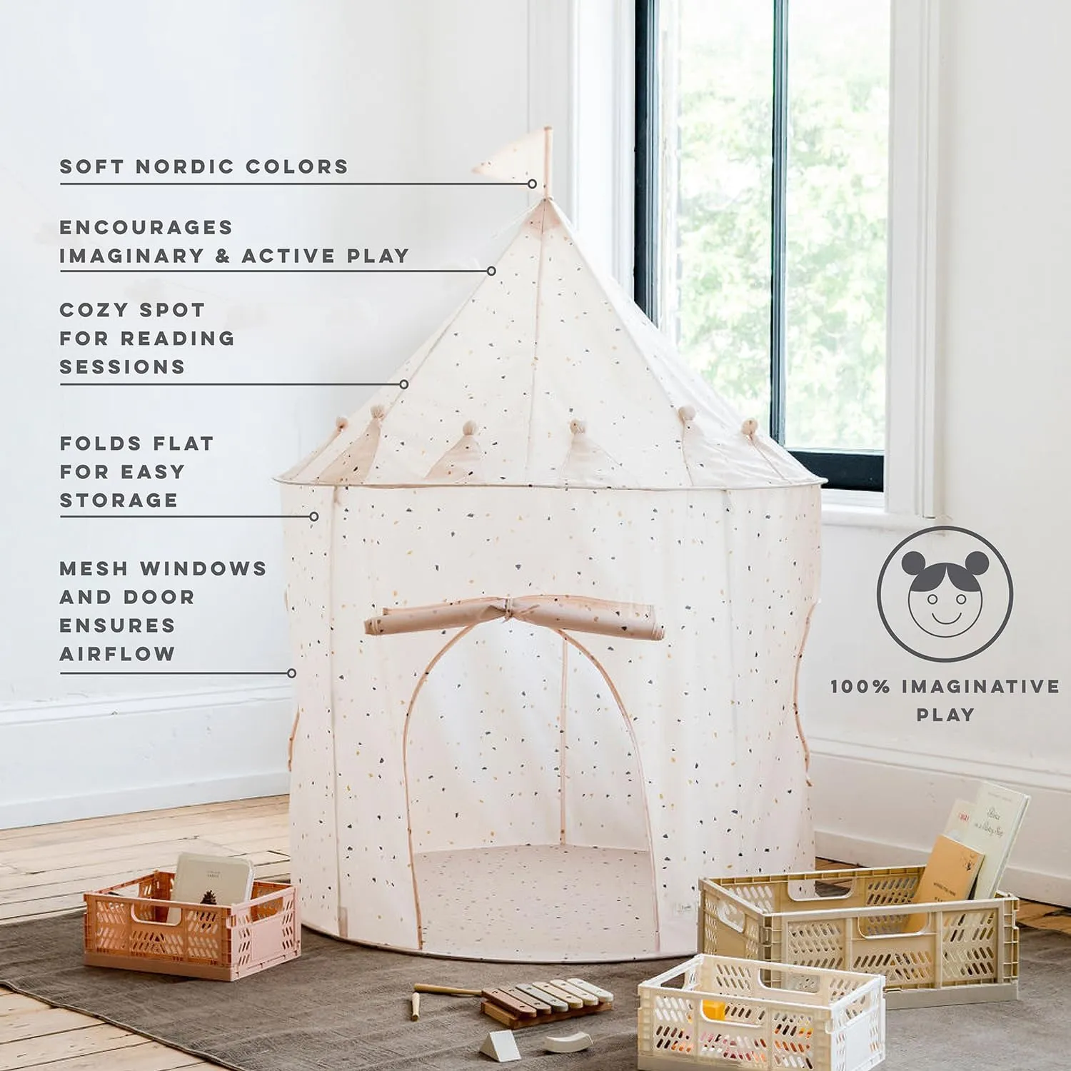 3 Sprouts Kids Play Tent - Sustainable Recycled Fabric – Fun Spacious Childs Playhouse for Indoor Games for Boys & Girls - Durable Fort Pop Up House for Toddlers & Children Age 3-10 - Terrazzo Beige