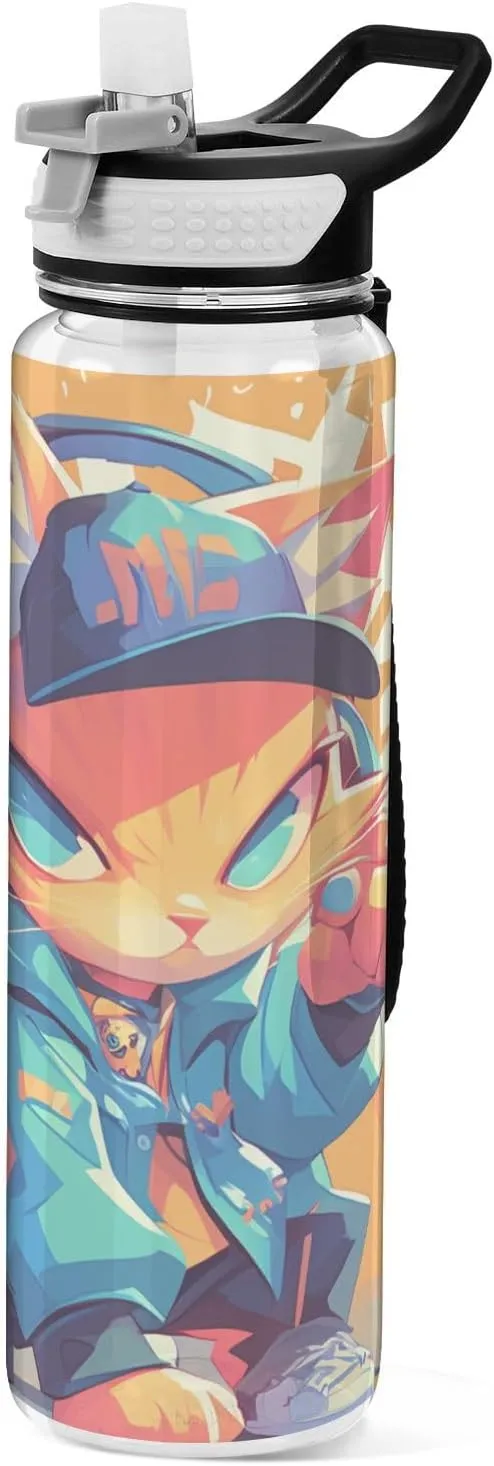 30 oz cartoon cat graffiti style colorful hip pop Water Bottle Spout Lid Tritan BPA Free non toxic Water Jugs for Hiking Working Collapsible