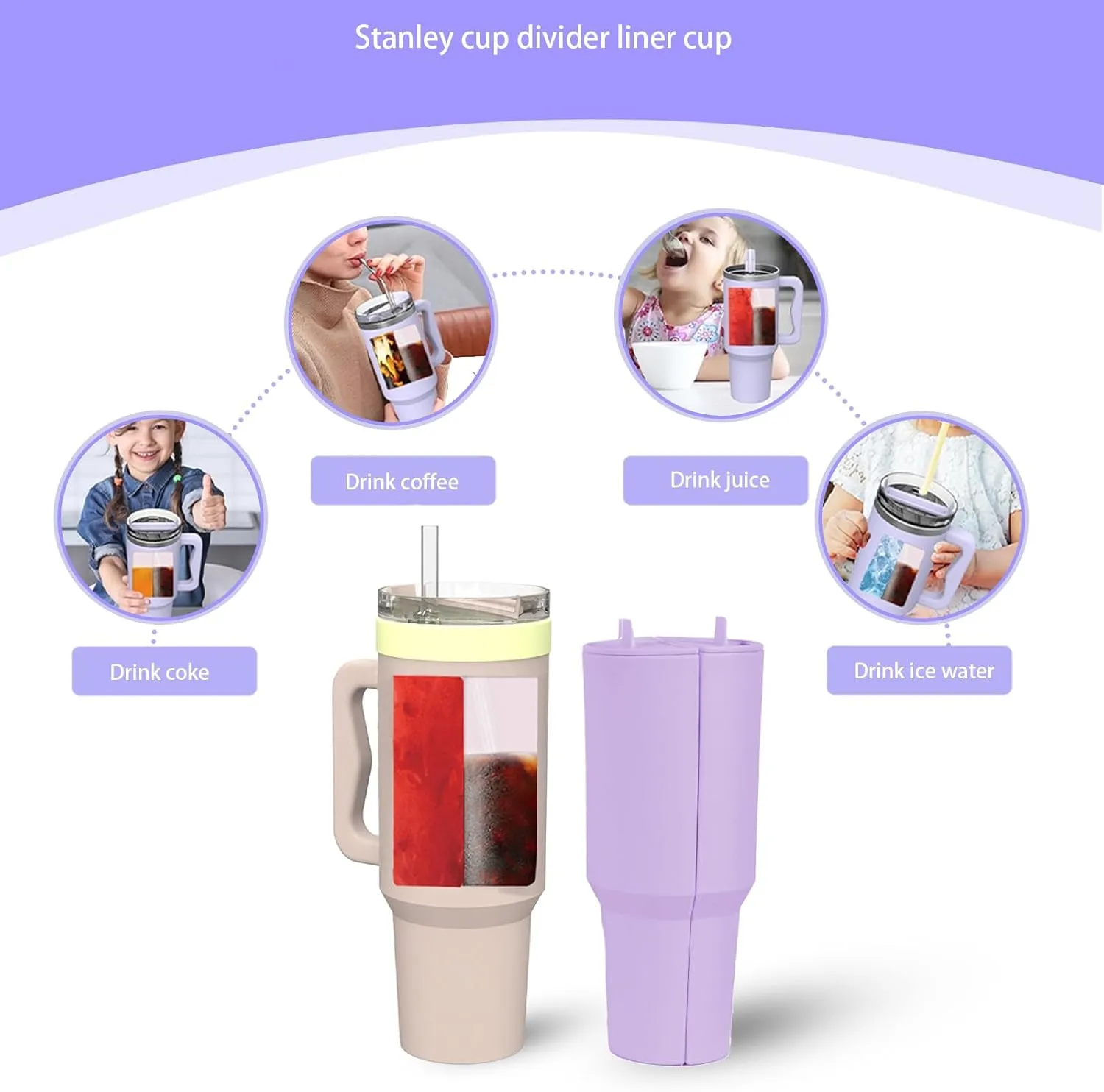 30 oz Stanley Cups Accessories, Stanley Cup Beverages Silicone Separator, 2-in-1 Drink Separator Reusable Silicone Liner, Double Drinks Bag Fit Cups Dispense Different Beverages (Purple, 30 Oz)