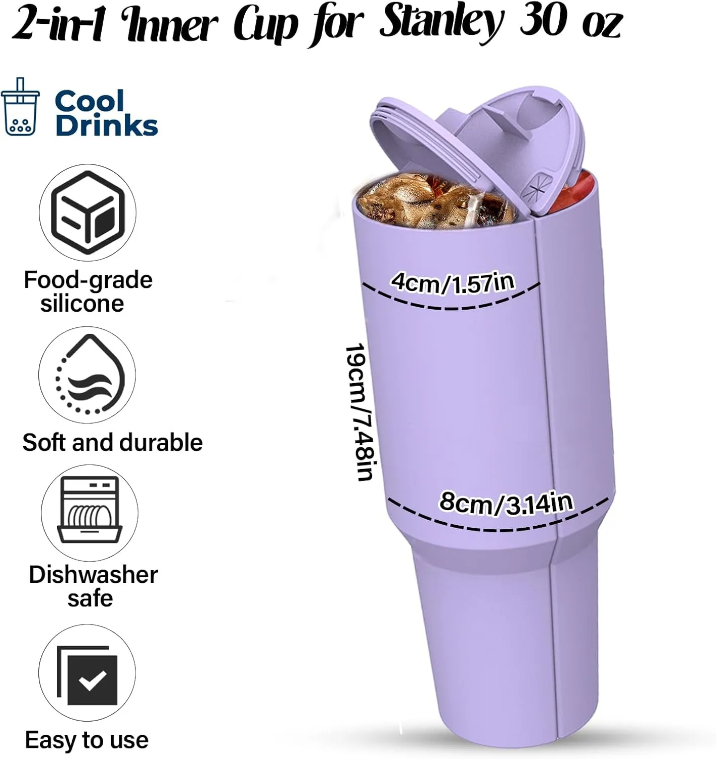 30 oz Stanley Cups Accessories, Stanley Cup Beverages Silicone Separator, 2-in-1 Drink Separator Reusable Silicone Liner, Double Drinks Bag Fit Cups Dispense Different Beverages (Purple, 30 Oz)