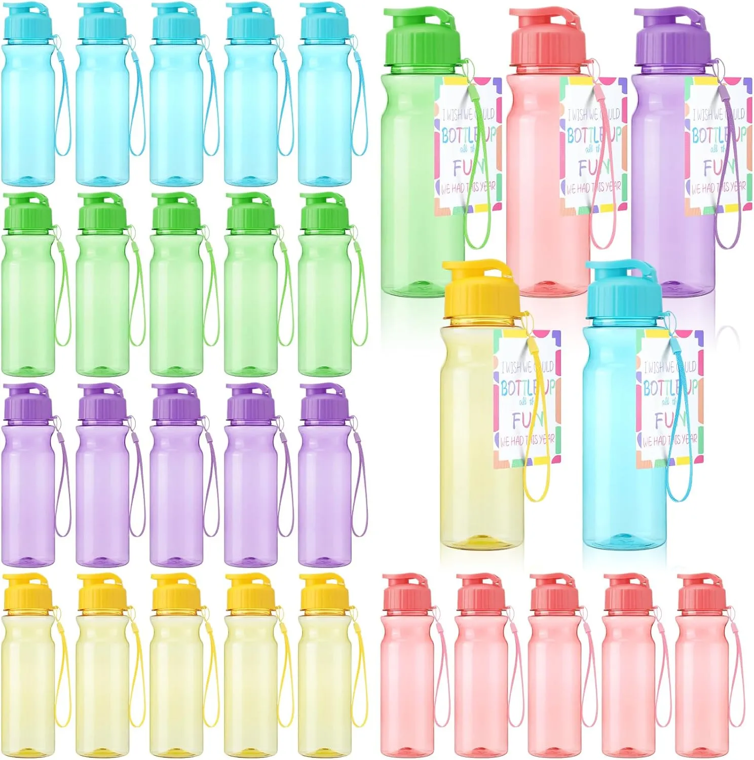 30 Set Sport Water Bottles Bulk End of The Year Gift for Kids 17 oz Colorful Clear Plastic Reusable Water Bottles with Card Summer Graduation Gift for Student from Teacher School Classroom