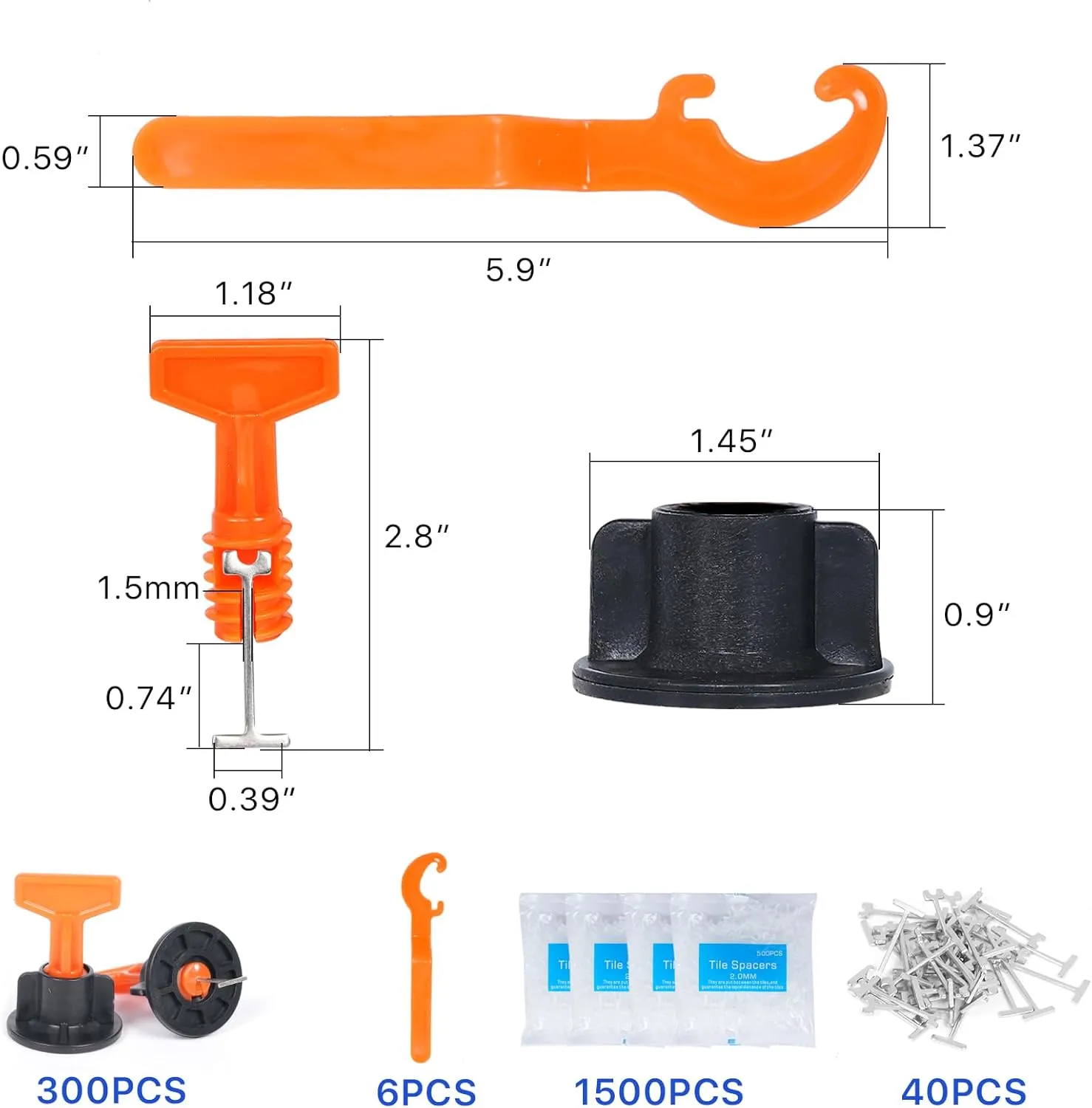 300pcs Tile Leveler Spacers and 1500PCS 2mm Tile Spacer, Reusable Tile Leveling System 1/16 Kit with 6pcs Special Wrench and 40pcs Steel Pins for Wall/Floor Tile Installation (300, 1/12)