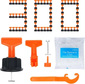 300pcs Tile Leveler Spacers and 1500PCS 2mm Tile Spacer, Reusable Tile Leveling System 1/16 Kit with 6pcs Special Wrench and 40pcs Steel Pins for Wall/Floor Tile Installation (300, 1/12)