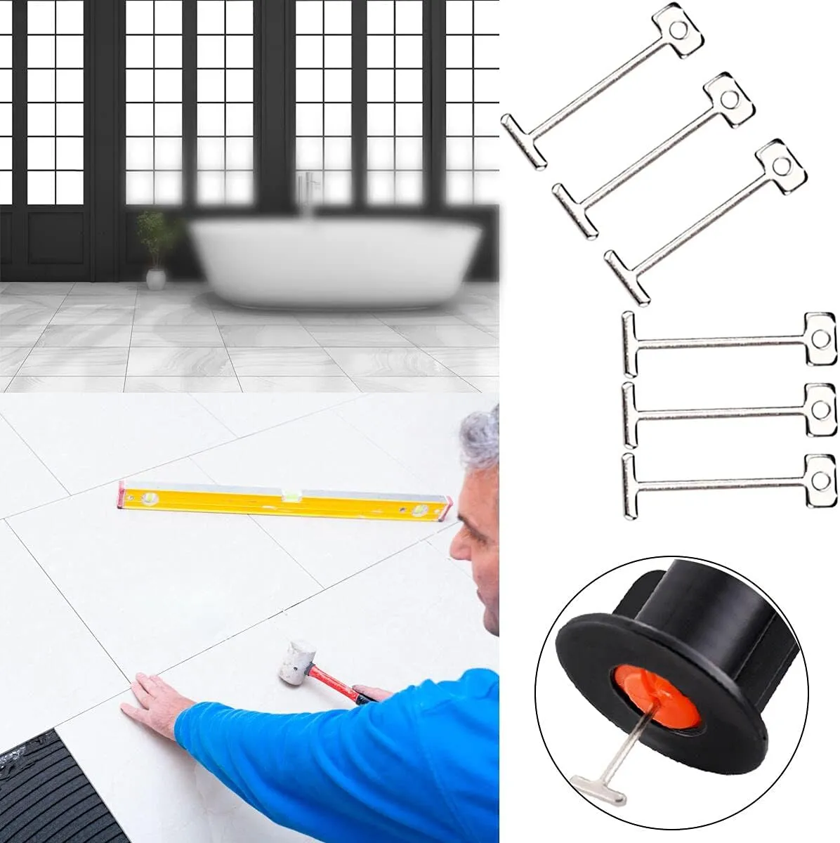 300pcs Tile Leveler Spacers and 1500PCS 2mm Tile Spacer, Reusable Tile Leveling System 1/16 Kit with 6pcs Special Wrench and 40pcs Steel Pins for Wall/Floor Tile Installation (300, 1/12)