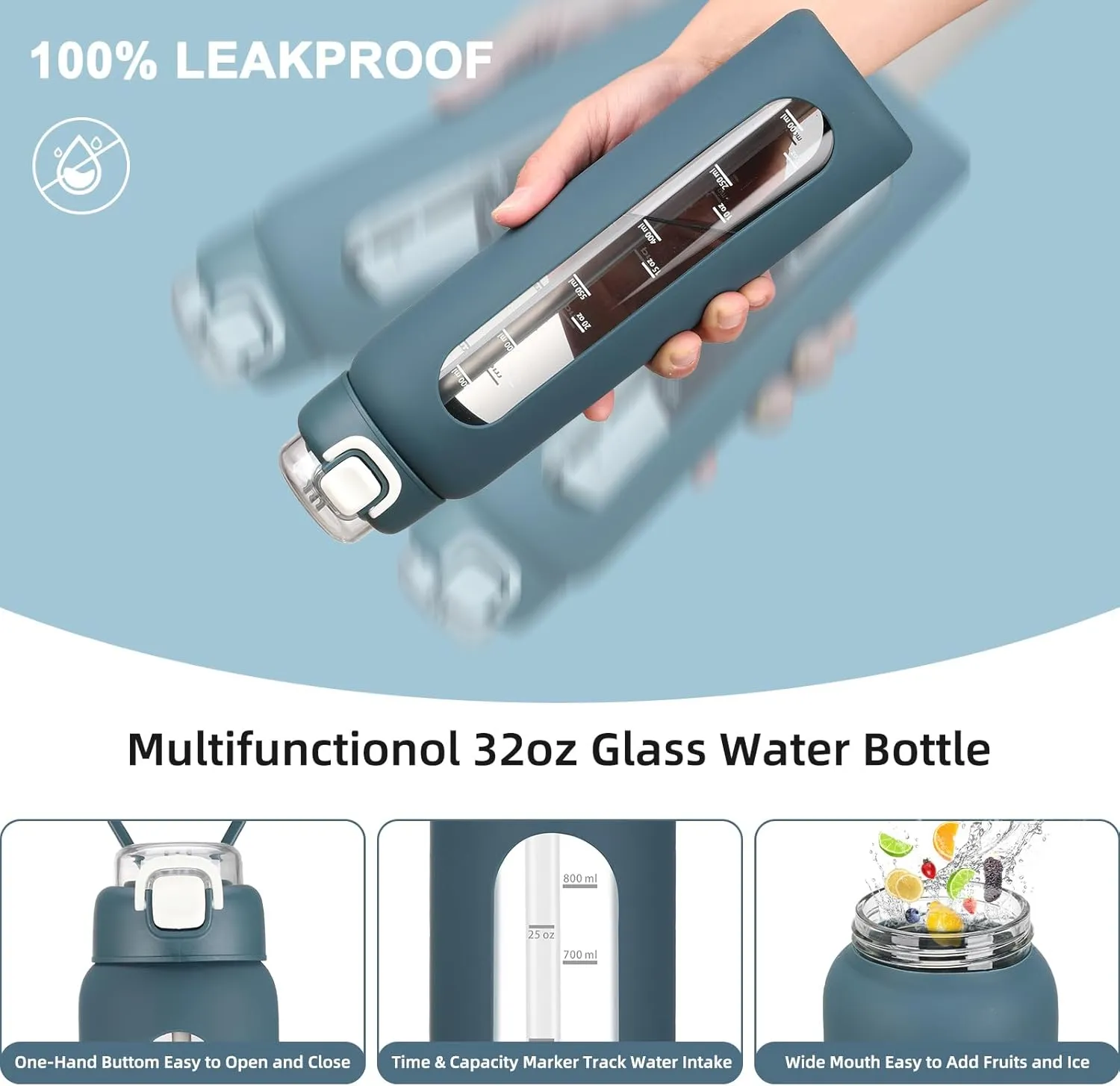 32 oz Glass Water Bottle with 2 Lids-Handle Spout Lid & Straw Lid, 1 Liter Motivational Borosilicate Water Bottle with Time Marker and Silicone Sleeve,Leakproof-Dark Blue-1 Pack
