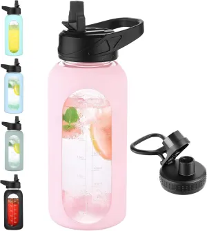 32 oz Glass Water Bottle with Straw and Handle, Sports Motivational Water Flask with Silicone Sleeve, Large Leakproof Water Flask Cup with Time Marker for Travel, Gym, Blush