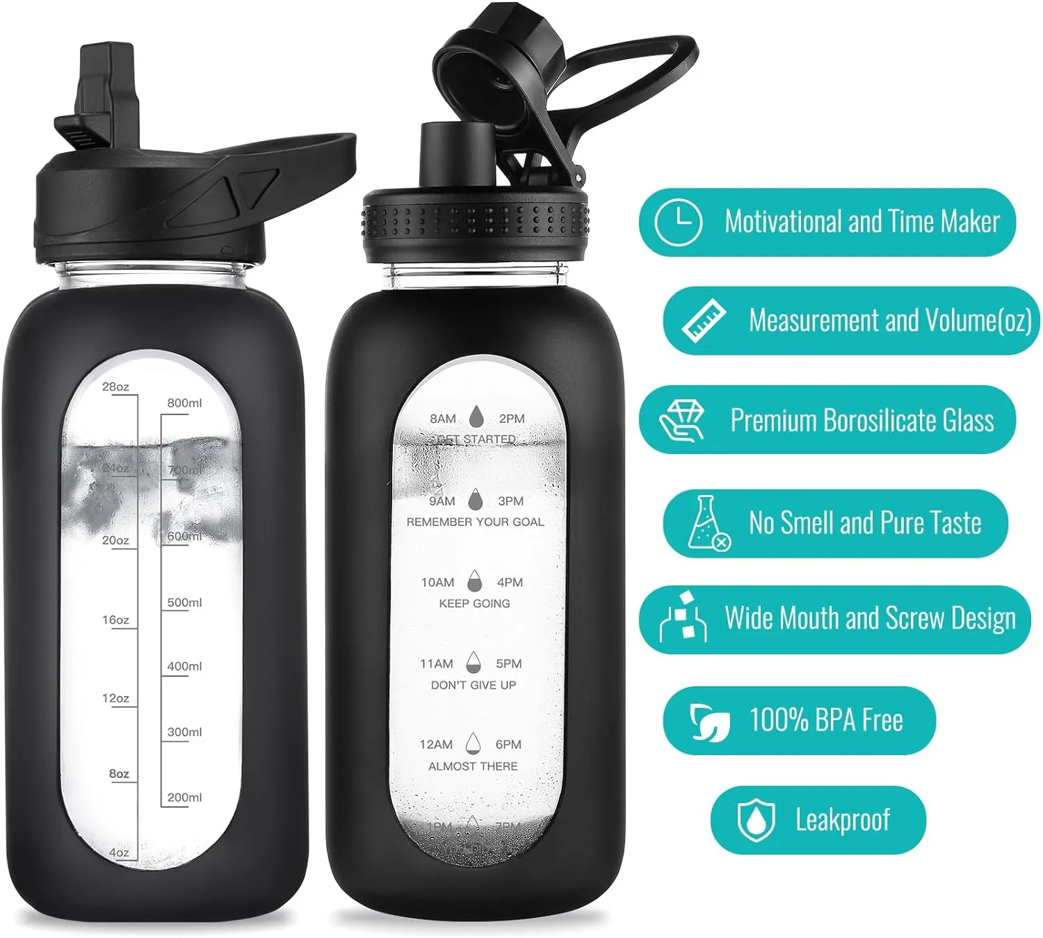32 oz Glass Water Bottle with Straw and Handle, Sports Motivational Water Flask with Silicone Sleeve, Large Leakproof Water Flask Cup with Time Marker for Travel, Gym, Blush