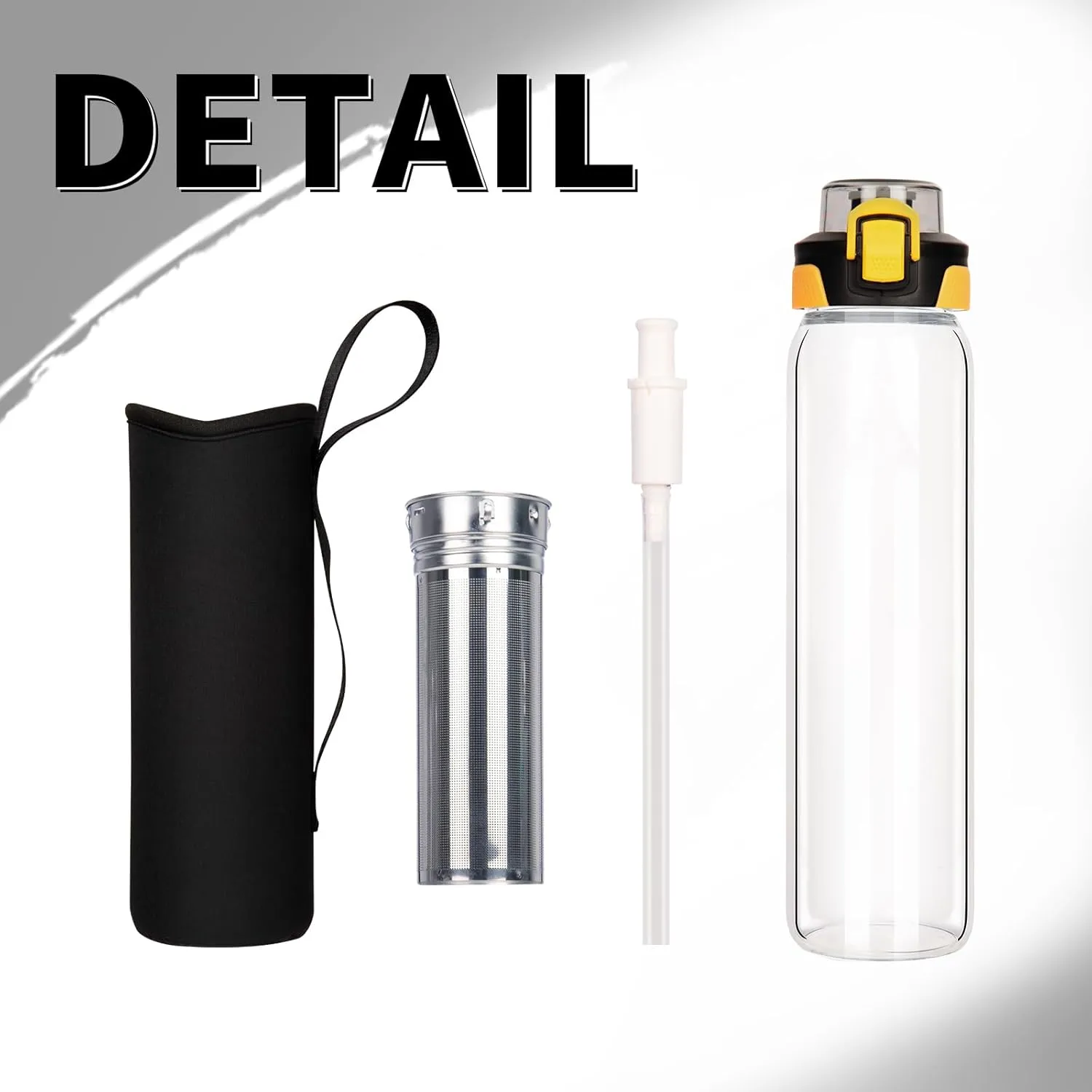 32 oz Leakproof Glass Water Bottle With Straw & Infuser, Borosilicate Tea Tumbler With Strainer and Neoprene Sleeve for Loose Leaf Tea, Cold Brew Coffee, Fruit Infused