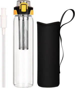32 oz Leakproof Glass Water Bottle With Straw & Infuser, Borosilicate Tea Tumbler With Strainer and Neoprene Sleeve for Loose Leaf Tea, Cold Brew Coffee, Fruit Infused