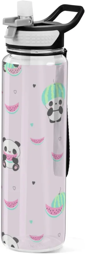 32 oz Water Bottle with Straw Lid Cute Panda Bears Watermelons Pink Leakproof BPA Free Tritan Water Jug with Carrying Strap for Women Men Cartoon Animal Sports Bottles for Gym Fitness Outdoor