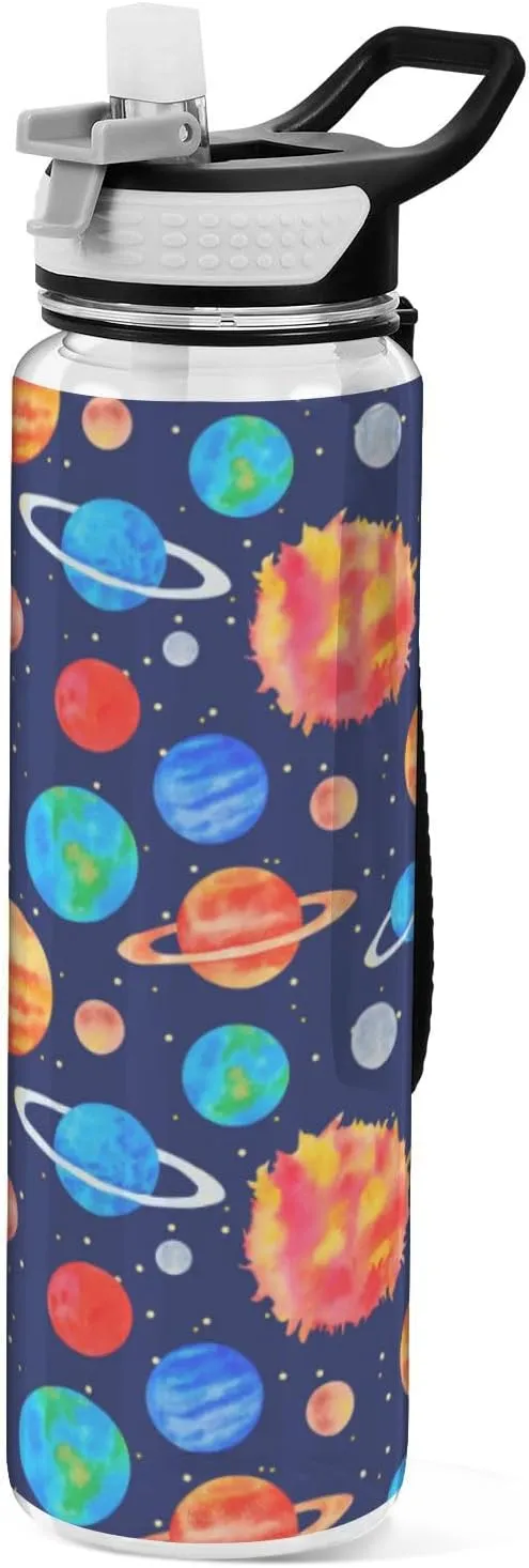 32 oz Water Bottle with Straw Lid Cute Planets Blue Stars Navy Blue Leakproof BPA Free Tritan Water Jug with Carrying Strap for Women Men Solar System Sports Bottles for Gym Fitness Outdoor