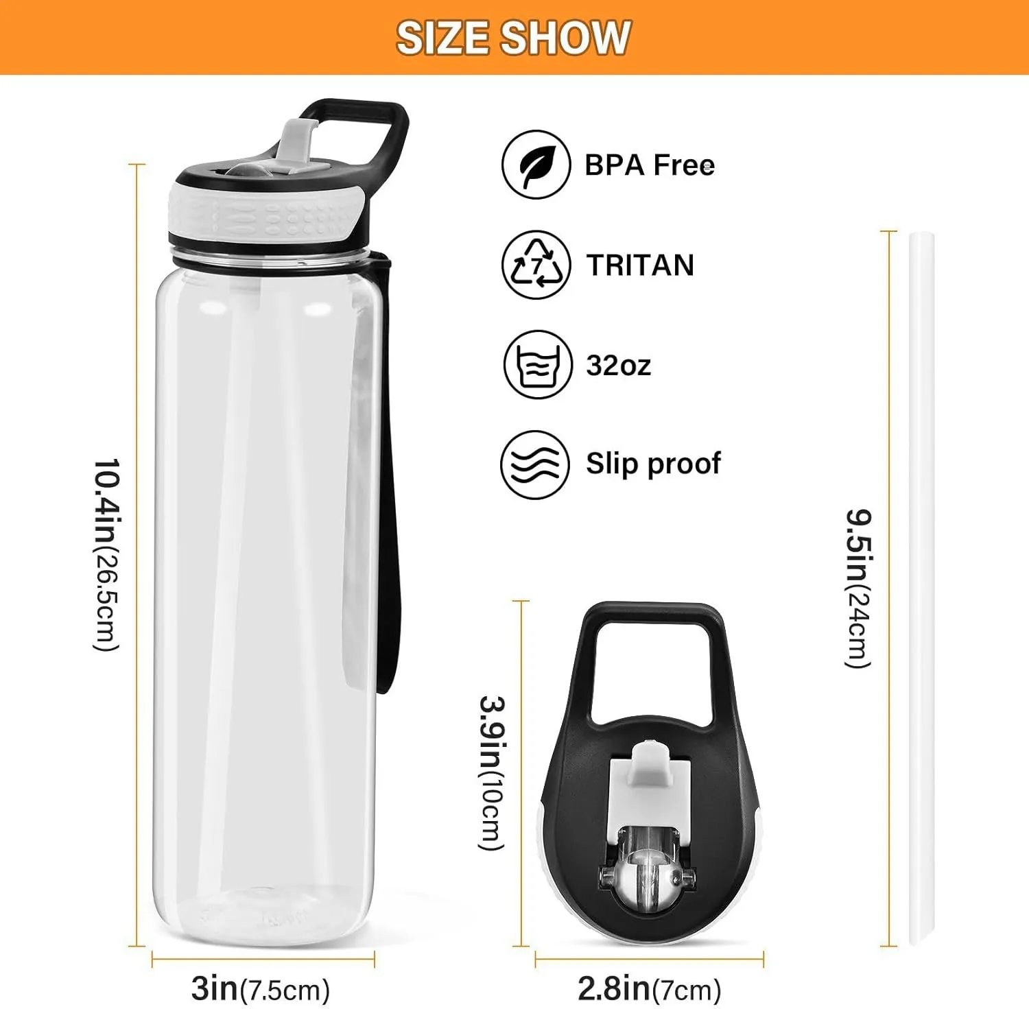 32 oz Water Bottle with Straw Lid White Leakproof BPA Free Tritan Water Jug with Carrying Strap for Women Men Sports Bottles for Gym Fitness Outdoor
