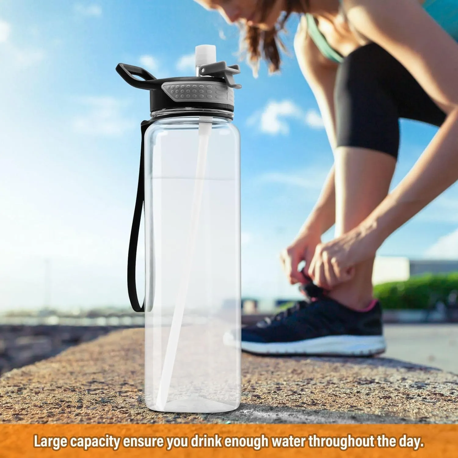 32 oz Water Bottle with Straw Lid White Leakproof BPA Free Tritan Water Jug with Carrying Strap for Women Men Sports Bottles for Gym Fitness Outdoor