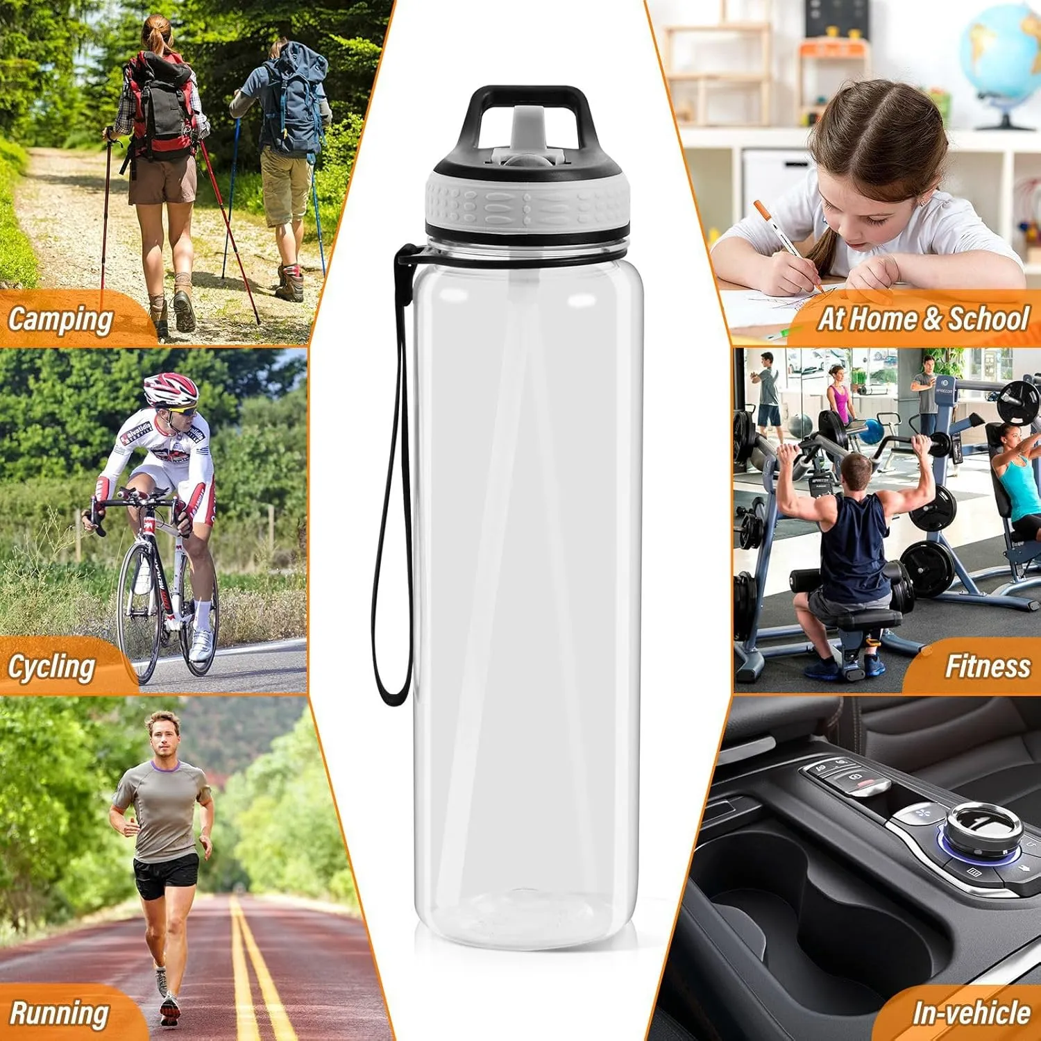 32 oz Water Bottle with Straw Lid White Leakproof BPA Free Tritan Water Jug with Carrying Strap for Women Men Sports Bottles for Gym Fitness Outdoor