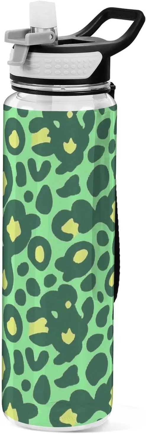 32oz Green Leopard Print Silicone Spout Water Bottle Tritan BPA Free non toxic Water Jug with Handle for Cycling Collapsible