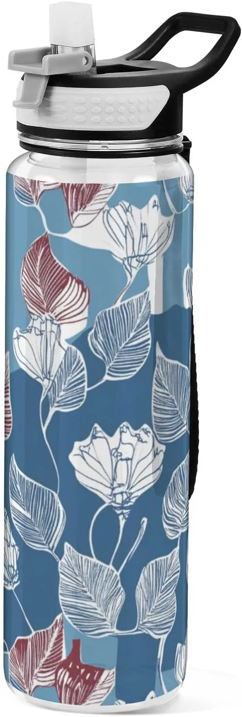 32oz Leaves Art Blue Pattern Water Bottles Wide Mouth Tritan Non-BPA non toxic Water Jug for Work for Outdoor Collapsible