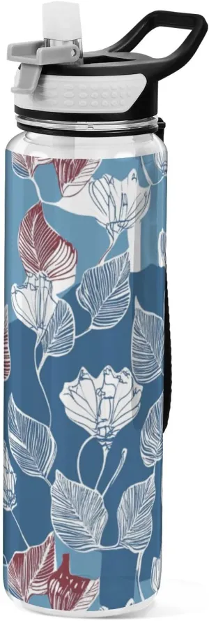 32oz Leaves Art Blue Pattern Water Bottles Wide Mouth Tritan Non-BPA non toxic Water Jug for Work for Outdoor Collapsible