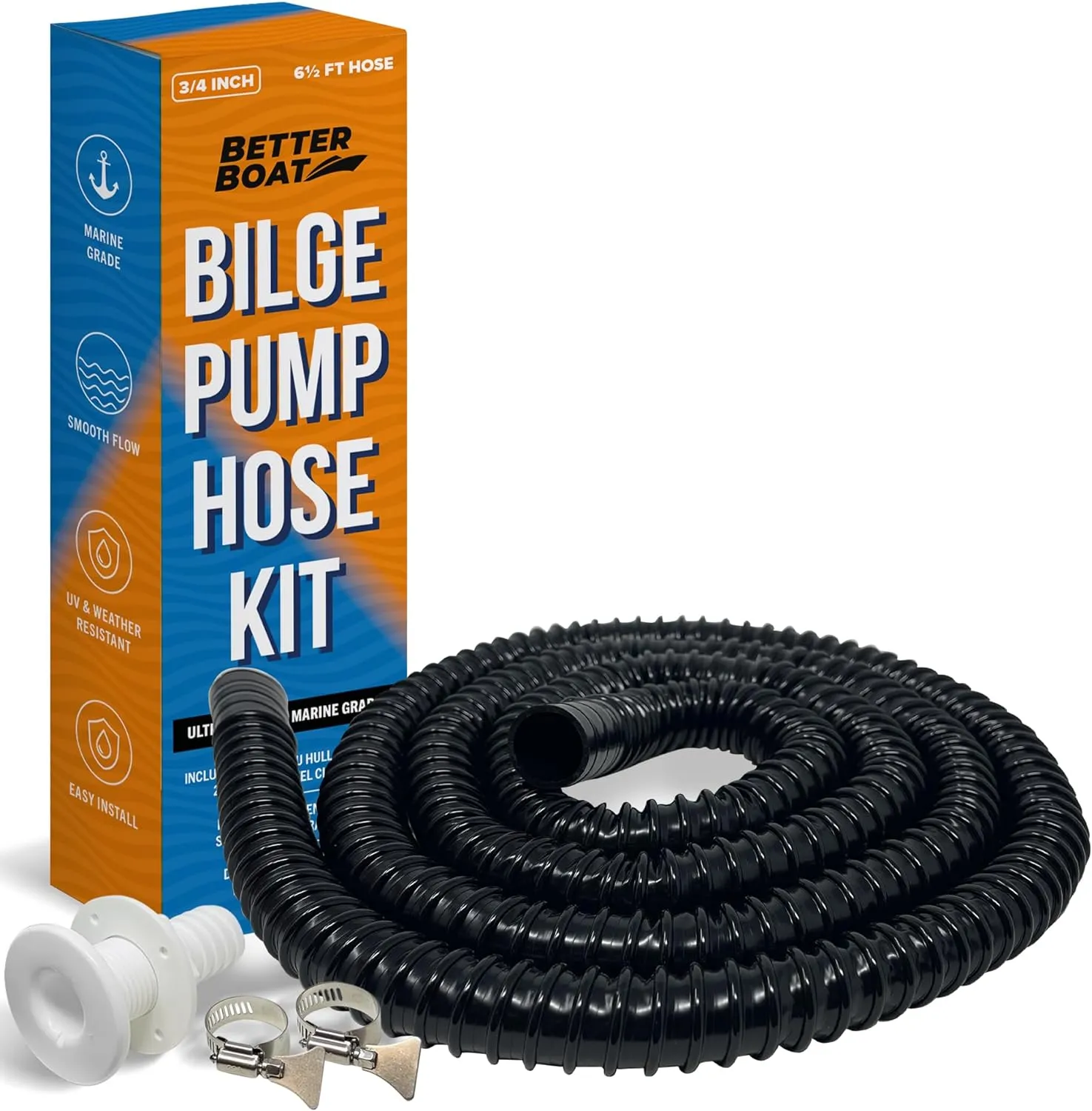 3/4 Bilge Pump Hose Kit, Includes 6.5 Ft Hose, Thru Hull Discharge Outlet Fitting, and Adapter, Compatible with 3/4 Inch Bilge Pump, Ideal for Boats and Jet Skis