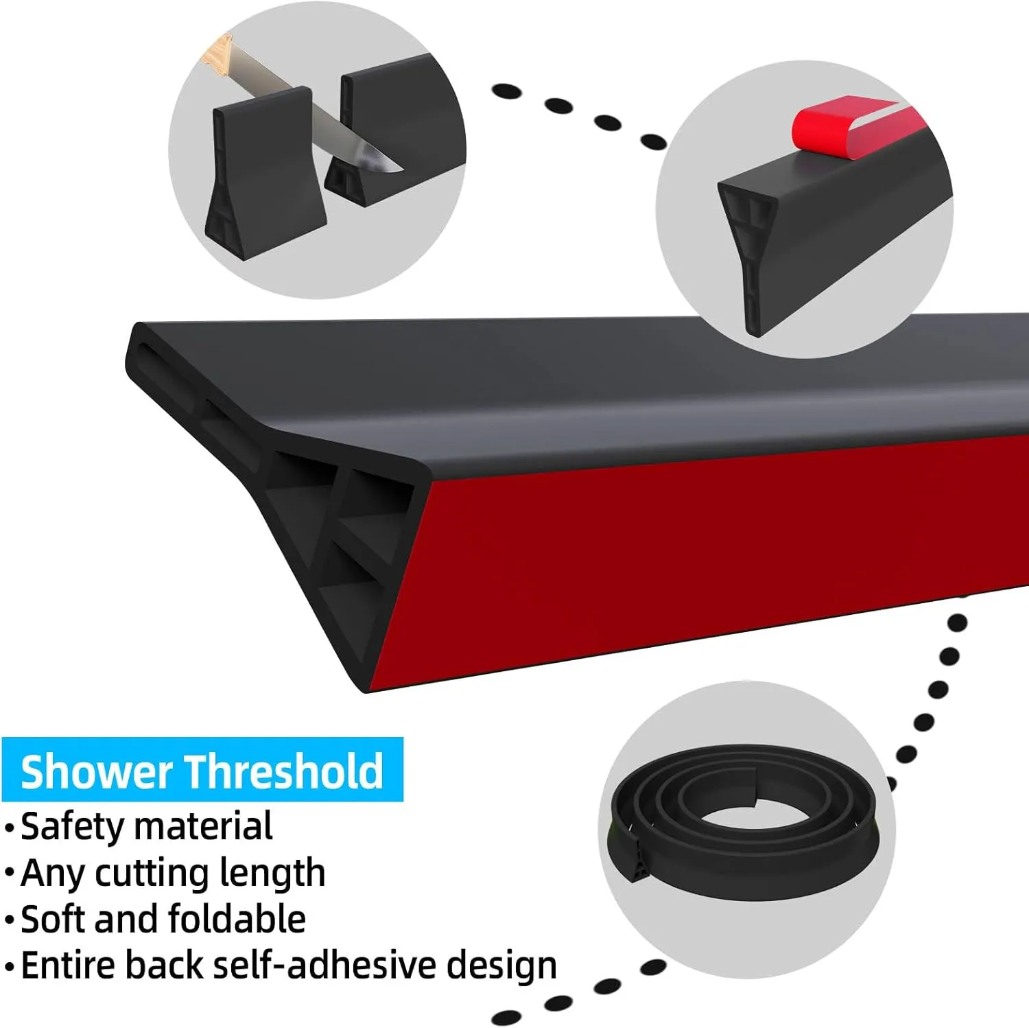 3.5" High Shower Threshold Water Dam, 59 IN Shower Water Splash Guard for Curbless Bath Shower Threshold Water Barrier Stopper for Wet and Dry Separation Bathroom and Kitchen (Black/4.9FT)