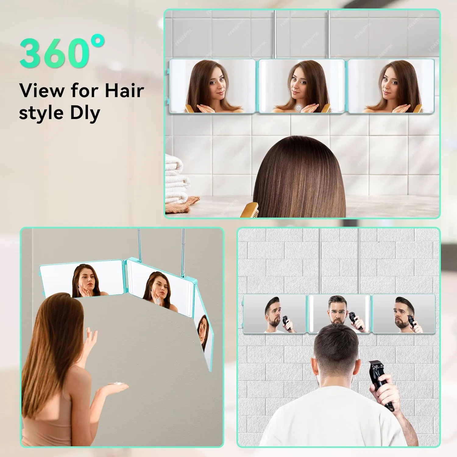 360 Mirror for Haircuts with LED Light, Portable 3 Way for Self Hair Cutting, Trifold to See Back of Head with Hook, Ideal for Home & Travel Compact Barbers Tool for Men & Women - Blue