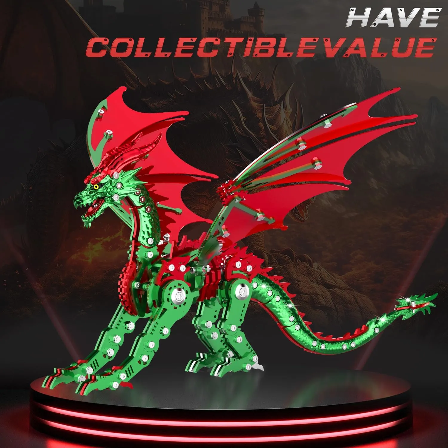 3D Puzzles for Adults,Metal Dragon Puzzle Building Set,Collectible Mechanical Engineering Crafts for Home Office Decoration & Gift（Red-Green