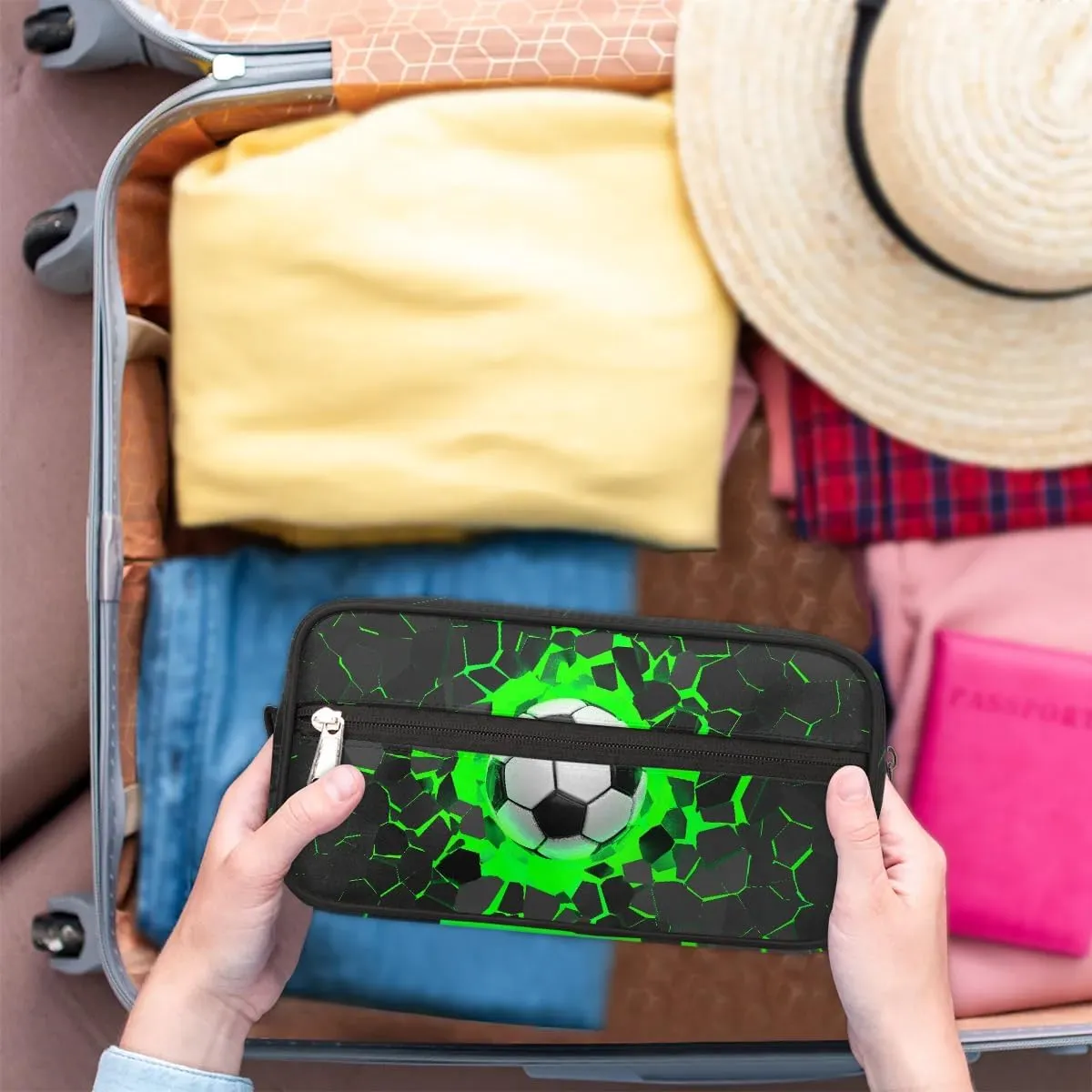 3D Soccer Ball Travel Toiletry Bag for Kids, Waterproof Hanging Wash Bag Gym Shower Kit for Boys Girls Makeup Bag for Toiletries Accessories