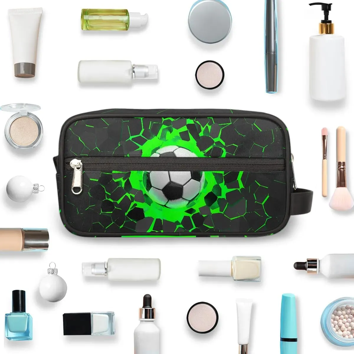 3D Soccer Ball Travel Toiletry Bag for Kids, Waterproof Hanging Wash Bag Gym Shower Kit for Boys Girls Makeup Bag for Toiletries Accessories