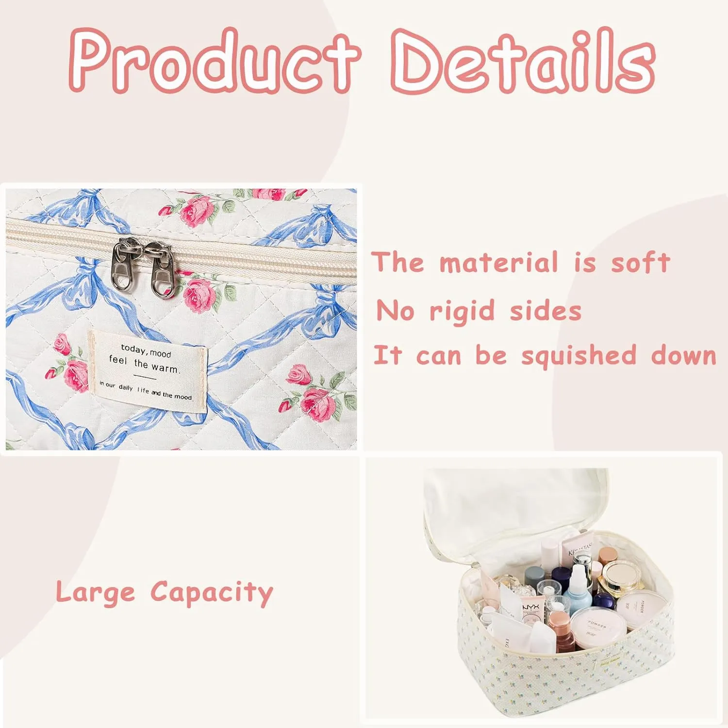 3Pcs Large Quilted Makeup Bag for Women and Girls, Cute Coquette Floral Cotton Cosmetic Bag, Aesthetic Travel Organized Toiletry Bags (3Pcs Blue Bows)