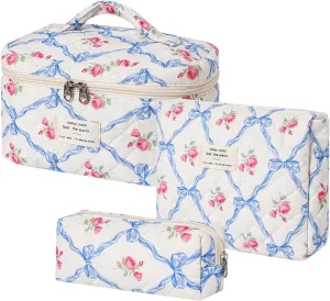 3Pcs Large Quilted Makeup Bag for Women and Girls, Cute Coquette Floral Cotton Cosmetic Bag, Aesthetic Travel Organized Toiletry Bags (3Pcs Blue Bows)