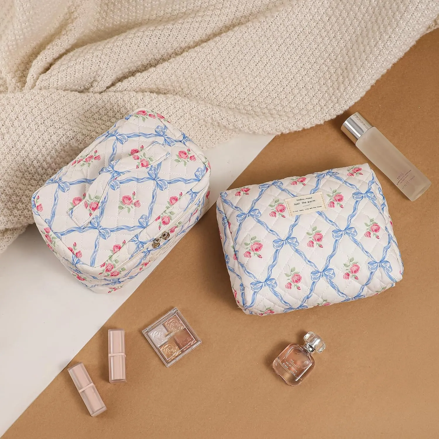 3Pcs Large Quilted Makeup Bag for Women and Girls, Cute Coquette Floral Cotton Cosmetic Bag, Aesthetic Travel Organized Toiletry Bags (3Pcs Blue Bows)
