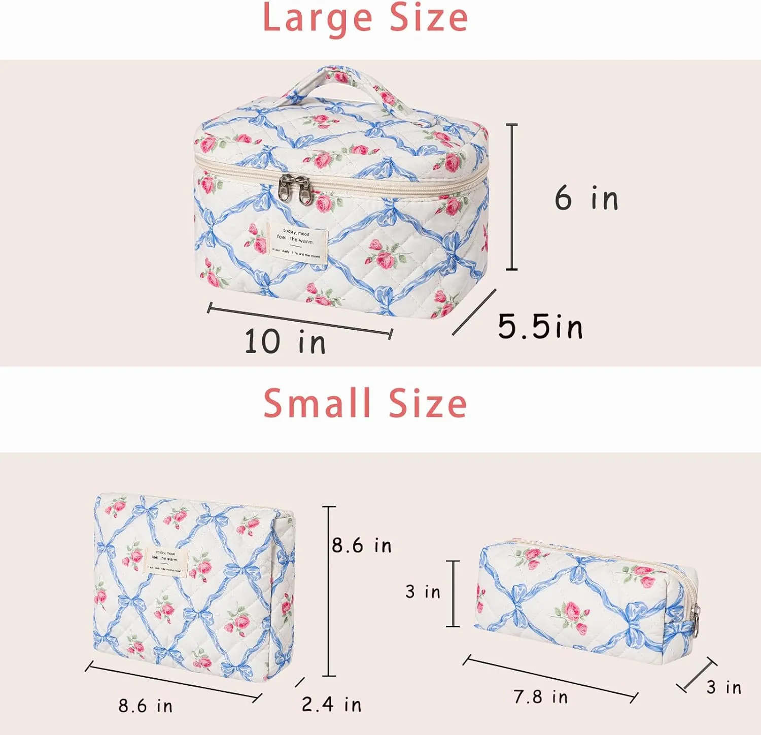 3Pcs Large Quilted Makeup Bag for Women and Girls, Cute Coquette Floral Cotton Cosmetic Bag, Aesthetic Travel Organized Toiletry Bags (3Pcs Blue Bows)