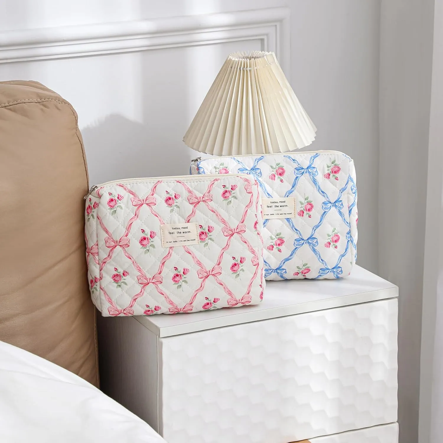 3Pcs Large Quilted Makeup Bag for Women and Girls, Cute Coquette Floral Cotton Cosmetic Bag, Aesthetic Travel Organized Toiletry Bags (3Pcs Blue Bows)