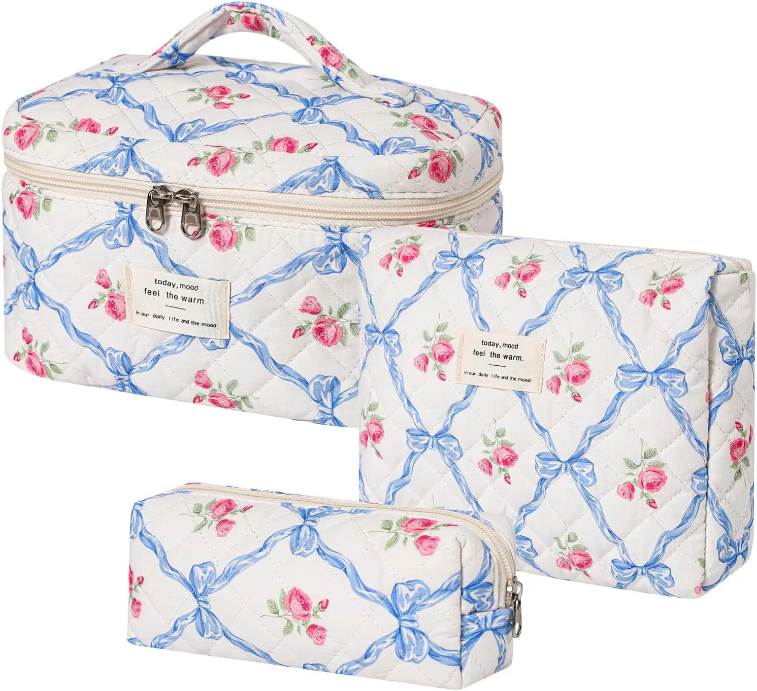 3Pcs Large Quilted Makeup Bag for Women and Girls, Cute Coquette Floral Cotton Cosmetic Bag, Aesthetic Travel Organized Toiletry Bags (3Pcs Blue Bows)