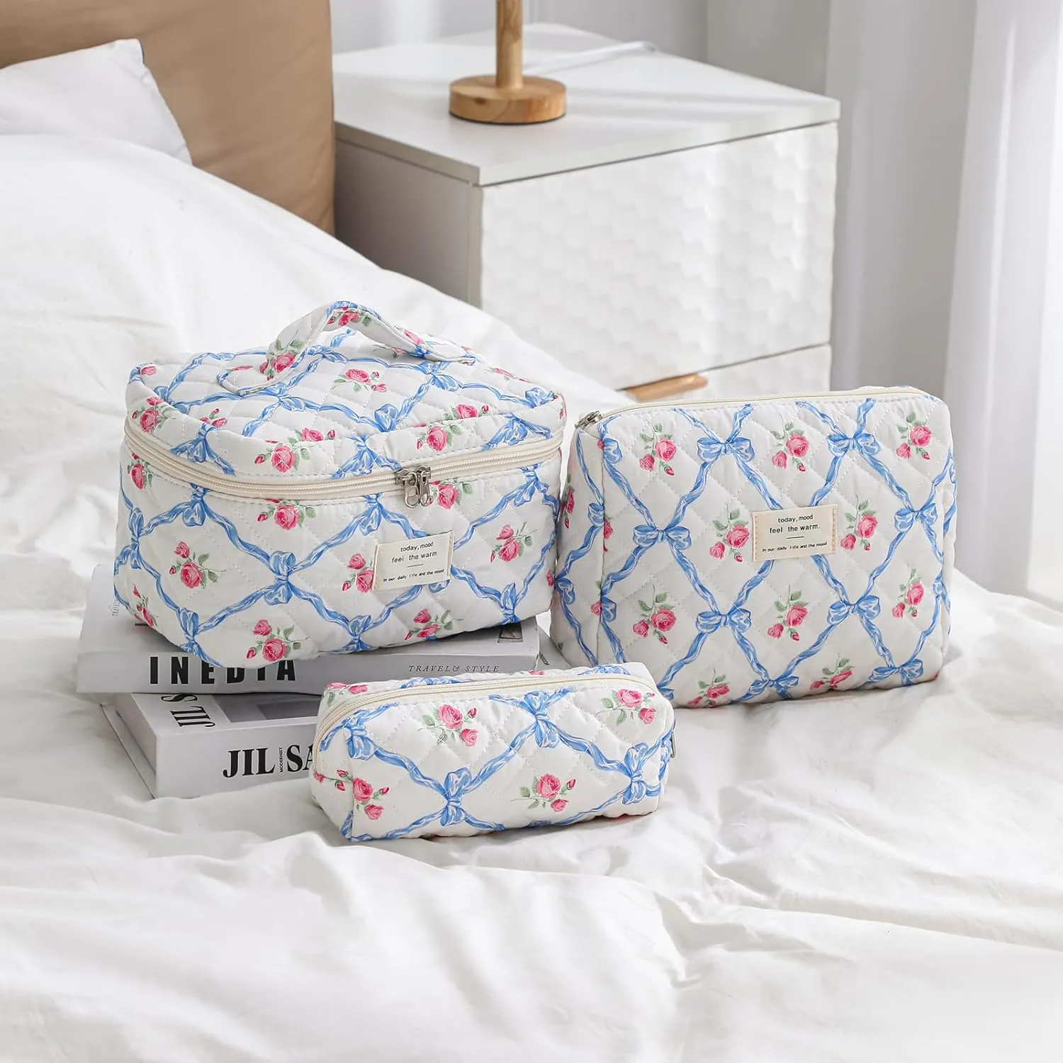 3Pcs Large Quilted Makeup Bag for Women and Girls, Cute Coquette Floral Cotton Cosmetic Bag, Aesthetic Travel Organized Toiletry Bags (3Pcs Blue Bows)