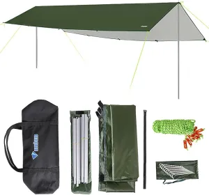 3x6m Awning Waterproof Tarp Tent Shade with Pole Folding Camping Canopy Ultralight Beach Sun Shelter for Camping Hiking and Survival Shelter