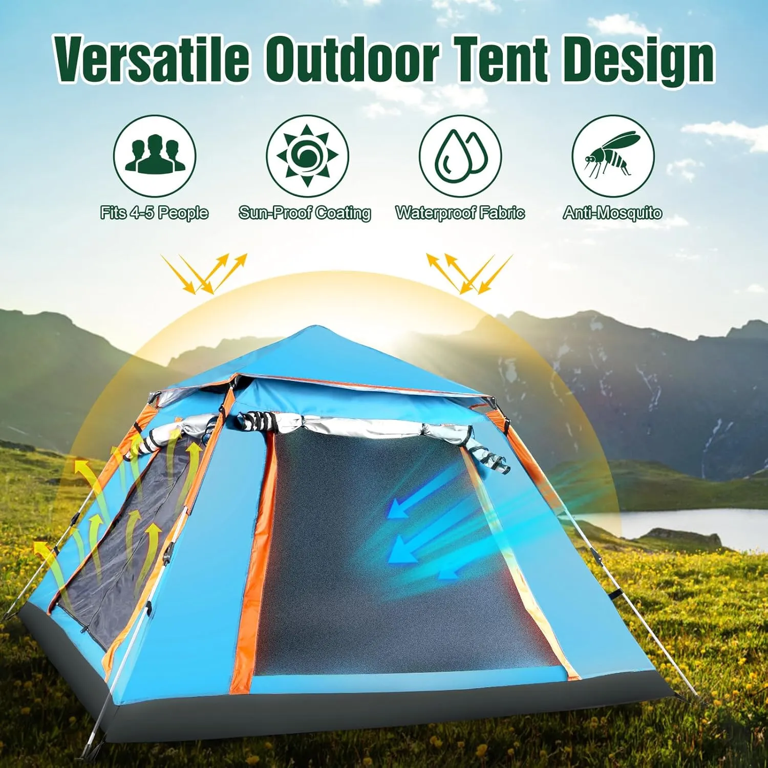 4-5 Person Camping Tent Outdoor Foldable Waterproof Tent with 2 Mosquito Nets Windows Carrying Bag for Hiking Climbing Adventure Fishing