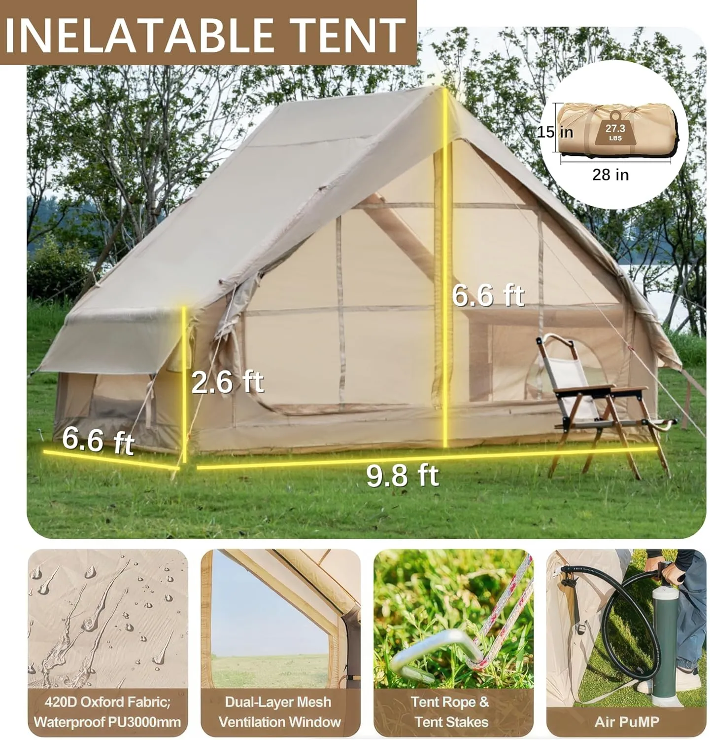4-6 Person Large Inflatable Camping Tents W/Pump & Carry Bag, Easy Setup, Oxford Cloth Blow Up Tents for Camping, Air Tents for Adult Family Outdoor Hiking