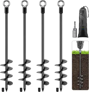4 Pack 24 Inch Trampoline Ground Anchors Screw in Earth Anchor Stakes kit 30MM Blade Heavy Duty Steel Tent Anchor Black Swingset Anchors for Swing Set, Canopy, Carport, Sheds