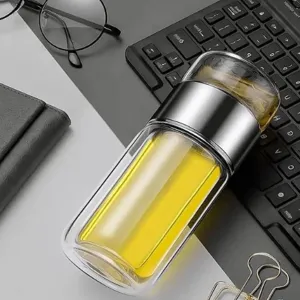 420ml/14oz Tea Tumbler Tea Infuser Bottle Double Layer Glass Travel Tea Mug Loose Leaf Tea Strainer Tea Cup Glass Tumbler Office Travel Home Tea Mug Fruit Water Tea Gift (Stainless steel color)