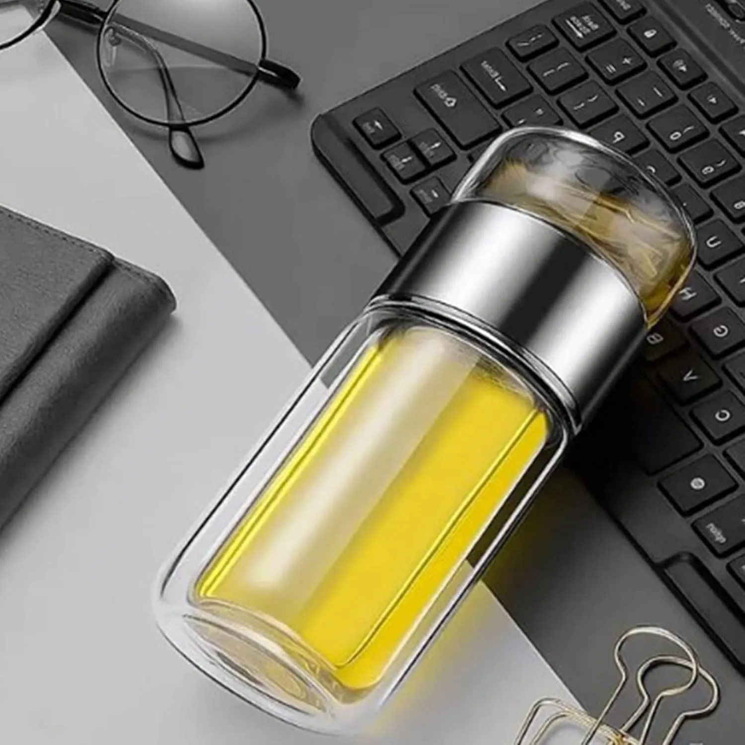 420ml/14oz Tea Tumbler Tea Infuser Bottle Double Layer Glass Travel Tea Mug Loose Leaf Tea Strainer Tea Cup Glass Tumbler Office Travel Home Tea Mug Fruit Water Tea Gift (Stainless steel color)