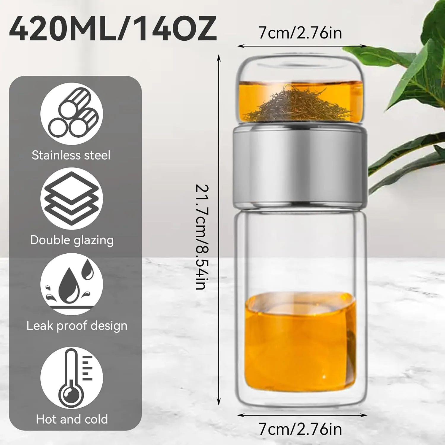 420ml/14oz Tea Tumbler Tea Infuser Bottle Double Layer Glass Travel Tea Mug Loose Leaf Tea Strainer Tea Cup Glass Tumbler Office Travel Home Tea Mug Fruit Water Tea Gift (Stainless steel color)
