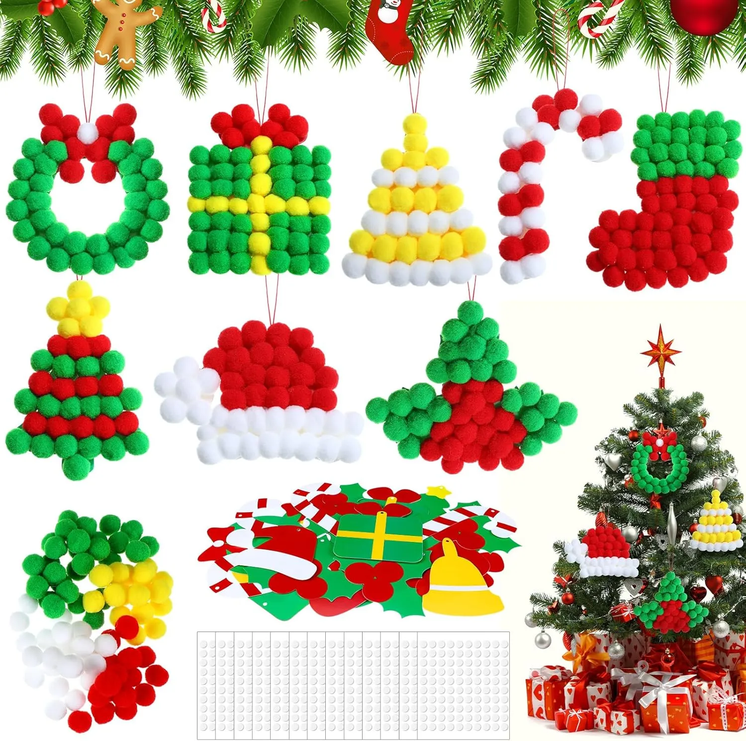 48 Set Christmas Pom Poms Crafts for Kids DIY Pompom Christmas Ornaments Craft Kit Christmas Tree Decor Hanging Ornaments for Home Activities Holiday Xmas Party Decoration Supplies