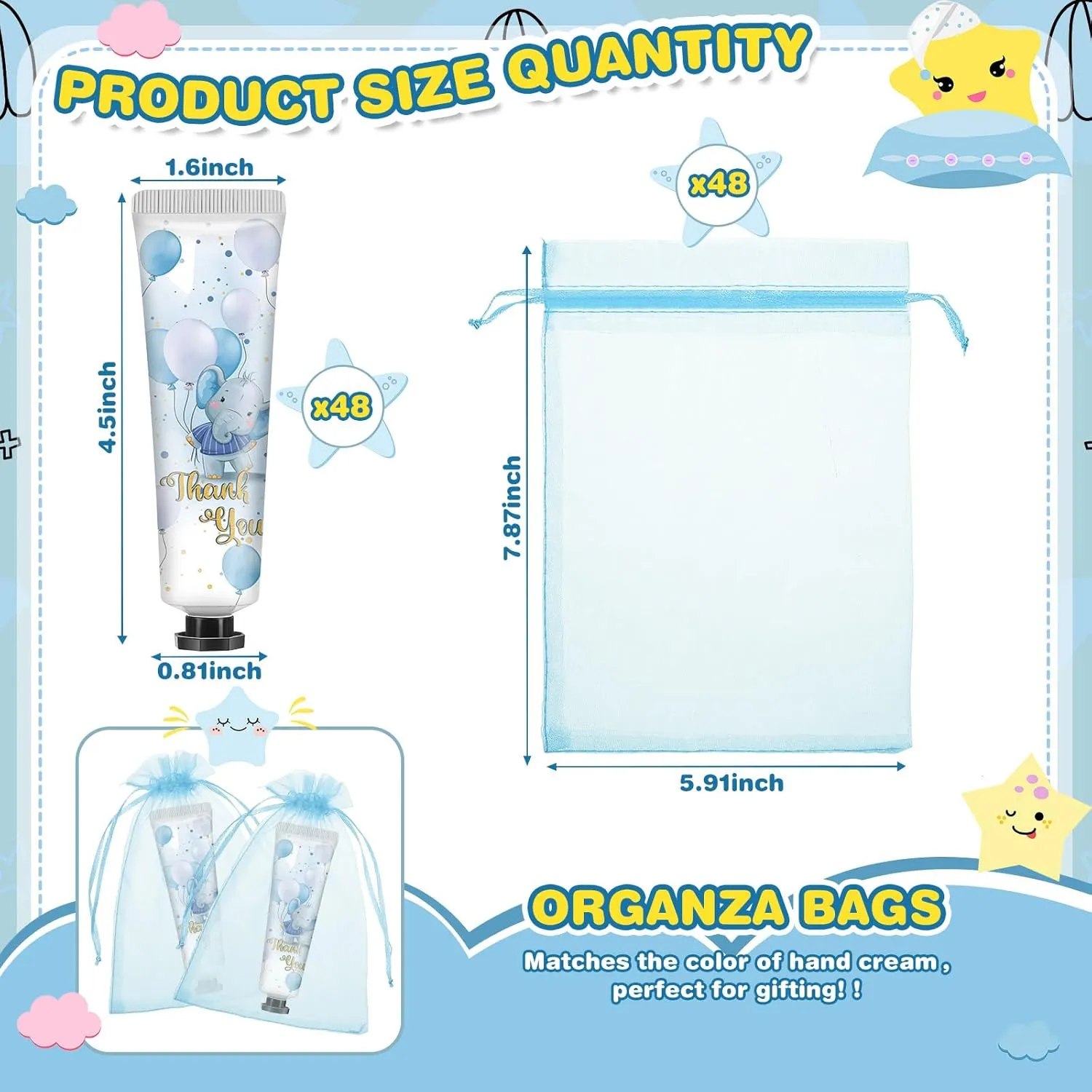 48 Sets Baby Shower Hand Cream Bulk Blue Elephant Baby Shower Favors Bridal Thank You Hand Cream for Guests Travel Size Lotion with Organza Bags