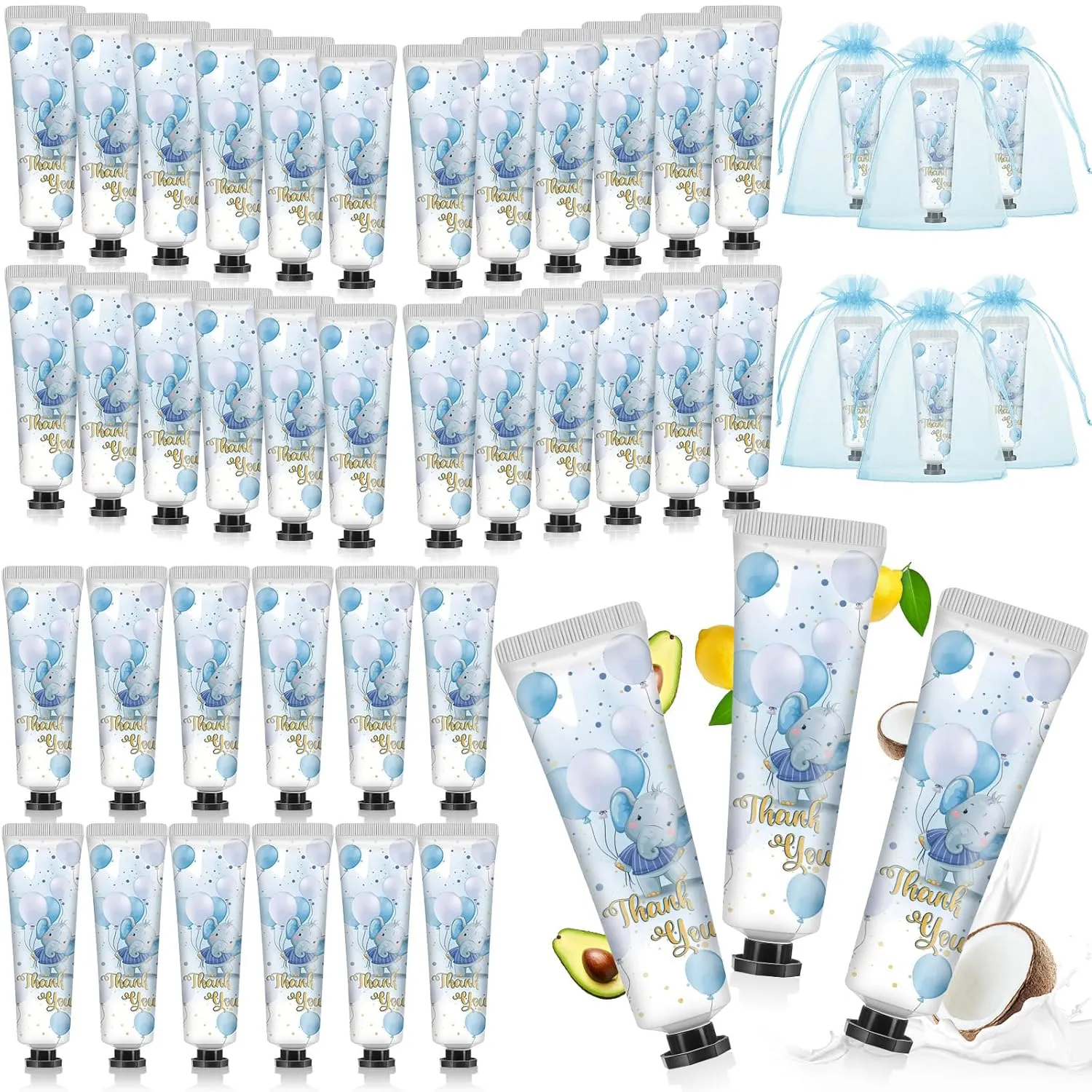 48 Sets Baby Shower Hand Cream Bulk Blue Elephant Baby Shower Favors Bridal Thank You Hand Cream for Guests Travel Size Lotion with Organza Bags